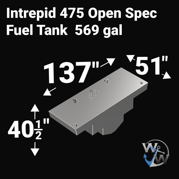 Dimensional technical diagram for a raw aluminum Intrepid 475 Open Spec replacement marine fuel tank featuring an ultra-high-capacity 569-gallon design. The graphic displays precise technical specifications with measurements of 137" length, 51" width, and 40-1/2" height, showcasing a multi-tiered, stepped hull-conforming bottom configuration designed to match the vessel's intricate hull contour. The top deck displays an unsealed variant layout complete with multiple fuel fill necks, integrated vent line con