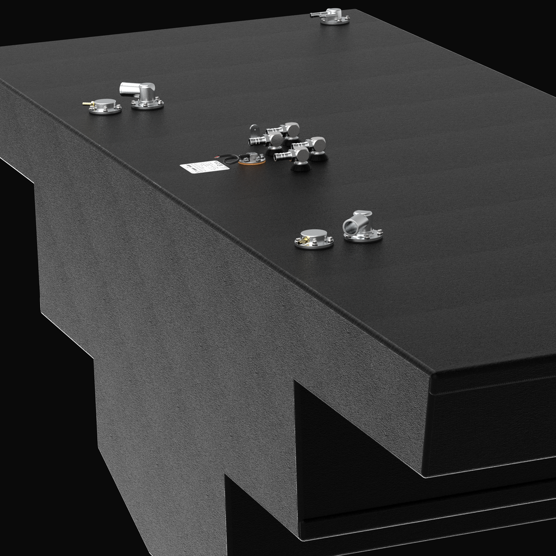 Close-up perspective detail view focusing on the upper deck hardware configuration and textured coating of an Intrepid 475 Open Spec OEM replacement marine fuel tank. The image highlights the side tier transition of the stepped hull-conforming geometry, showcasing a heavy-gauge marine-grade 5052-H32 aluminum tank assembly fully encapsulated in a protective black TarGard epoxy coating. Pre-installed hardware on the expansive deck surface includes a clustered four-port bank of brass 90-degree fuel pickup elbo