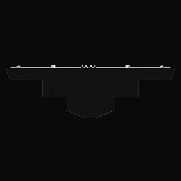 A straight-on side elevation profile view of a massive black custom tank unit, detailing the intricate symmetrical stepped layout for an Intrepid 475 Open Spec OEM replacement marine fuel tank. The technical profile highlights a multi-level hull-conforming bottom geometry with a central deep V-profile sump section flanked by stepped wing tiers, engineered by Welding World to fit flawlessly into the boat's original stringer grid. Masterfully constructed from heavy-gauge marine-grade 5052-H32 aluminum, the fu