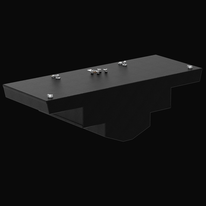 A three-quarter low-angle isometric perspective rendering from an alternative front-facing view of a massive black custom multi-tiered marine tank unit, showcasing the intricate underside geometry of an Intrepid 475 Open Spec OEM replacement marine fuel tank. This high-capacity fuel cell features a highly specialized stepped and multi-level hull-conforming bottom configuration, masterfully constructed from heavy-gauge marine-grade 5052-H32 aluminum and fully encapsulated in a protective, textured black TarG