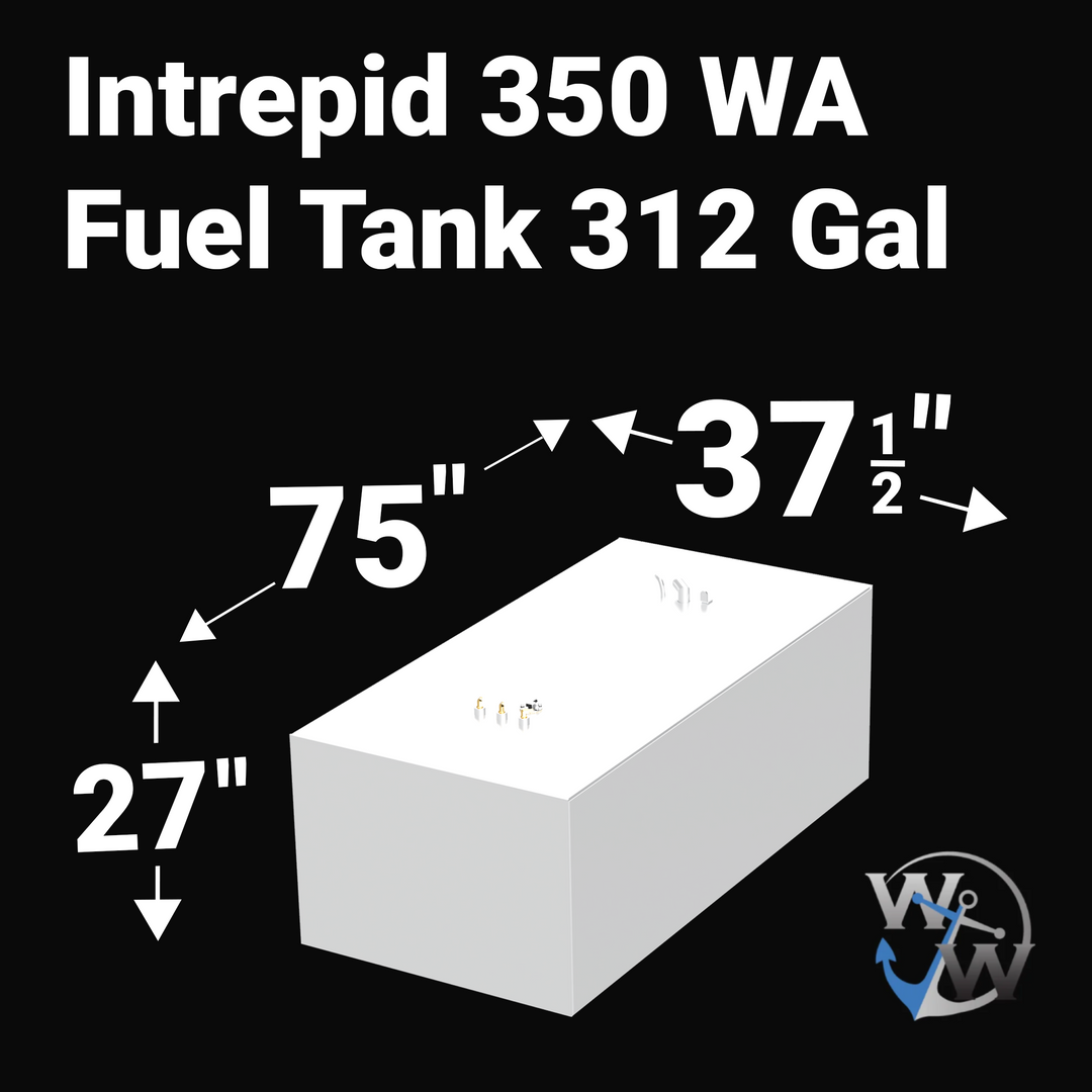 A 3D render of the Intrepid 350 WA 312-gallon fuel tank, showing the large, dark grey, rectangular tank with two clusters of metallic fittings on its top surface, against a black background.