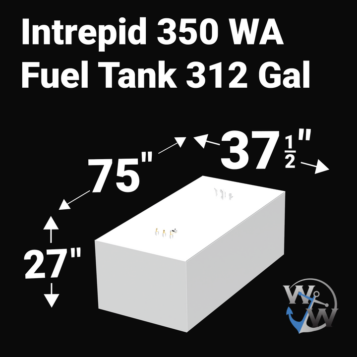 A 3D render of the Intrepid 350 WA 312-gallon fuel tank, showing the large, dark grey, rectangular tank with two clusters of metallic fittings on its top surface, against a black background.