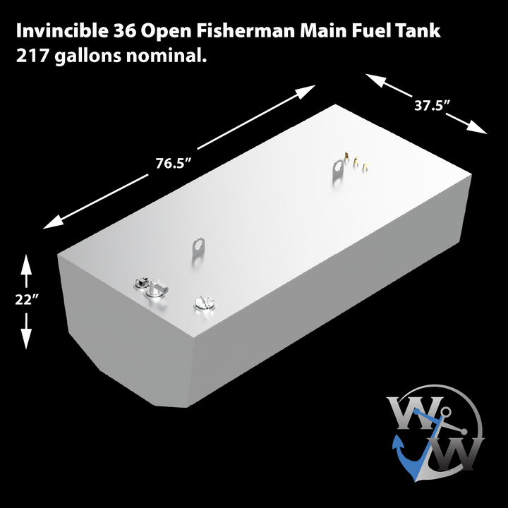 A silver-colored, rectangular main fuel tank for an Invincible 36 Open Fisherman boat is shown, with a nominal capacity of 217 gallons. Dimensions are indicated with white arrows and text: 76.5 inches in length, 37.5 inches in width, and 22 inches in height. The top surface of the tank features various fittings and access points. A white logo with a stylized "W" and a blue anchor is visible in the bottom right corner