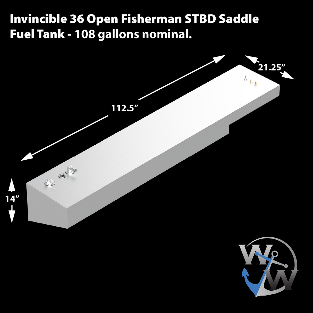 A long, slender silver-colored fuel tank, labeled as the "Invincible 36 Open Fisherman STBD Saddle Fuel Tank" with a nominal capacity of 108 gallons, is presented against a black background. White arrows and text indicate its dimensions: 112.5 inches in length, 21.25 inches in width (at the wider end), and 14 inches in height. The tank has an irregular shape, appearing narrower at one end, and features several fittings on its top surface. A white logo with a stylized "WW"