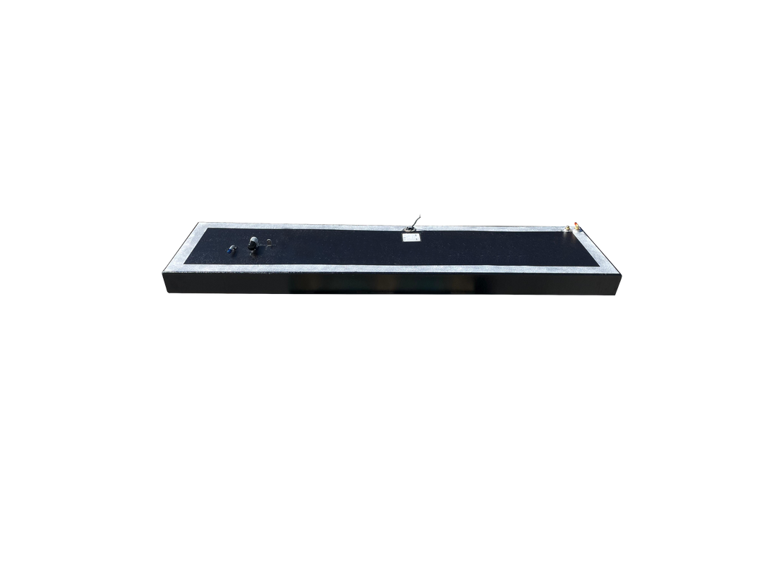 A low-angle side view of a long, rectangular boat fuel tank, showing its dark textured top with a light grey border and various fittings, against a transparent checkerboard background.