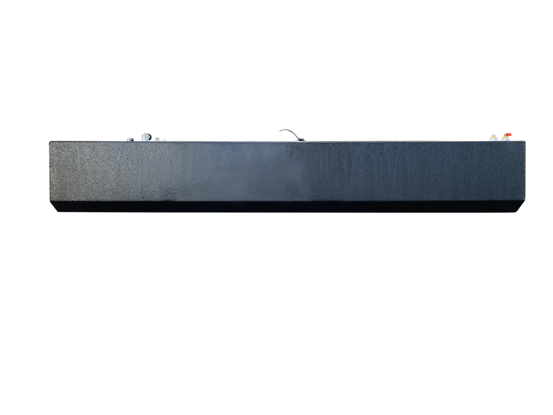 A long side profile view of a boat fuel tank with a dark textured finish, showing various fittings on its top surface, against a transparent checkerboard background.