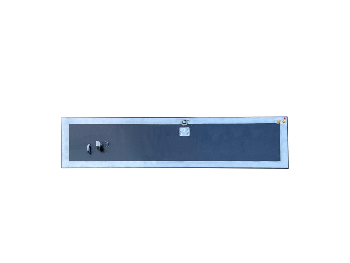 A direct top-down view of a long, rectangular boat fuel tank, showing its dark textured surface framed by a light grey border. Various fittings, including pipe connections, a fuel sending unit, and a spec plate, are visible on top, all against a transparent checkerboard background.