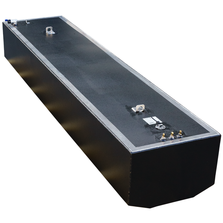 A rectangular, dark gray Jefferson Yachts Maralago 35' 1997 - 241 gal. OEM Replacement Fuel Tank is shown at an angle against a checkerboard transparent background. The tank has a lighter gray frame around its top edge, which is equipped with various metal fittings, including brass-colored connectors, a circular cap with exposed wires, and an eye bolt. The tank has a slightly textured surface