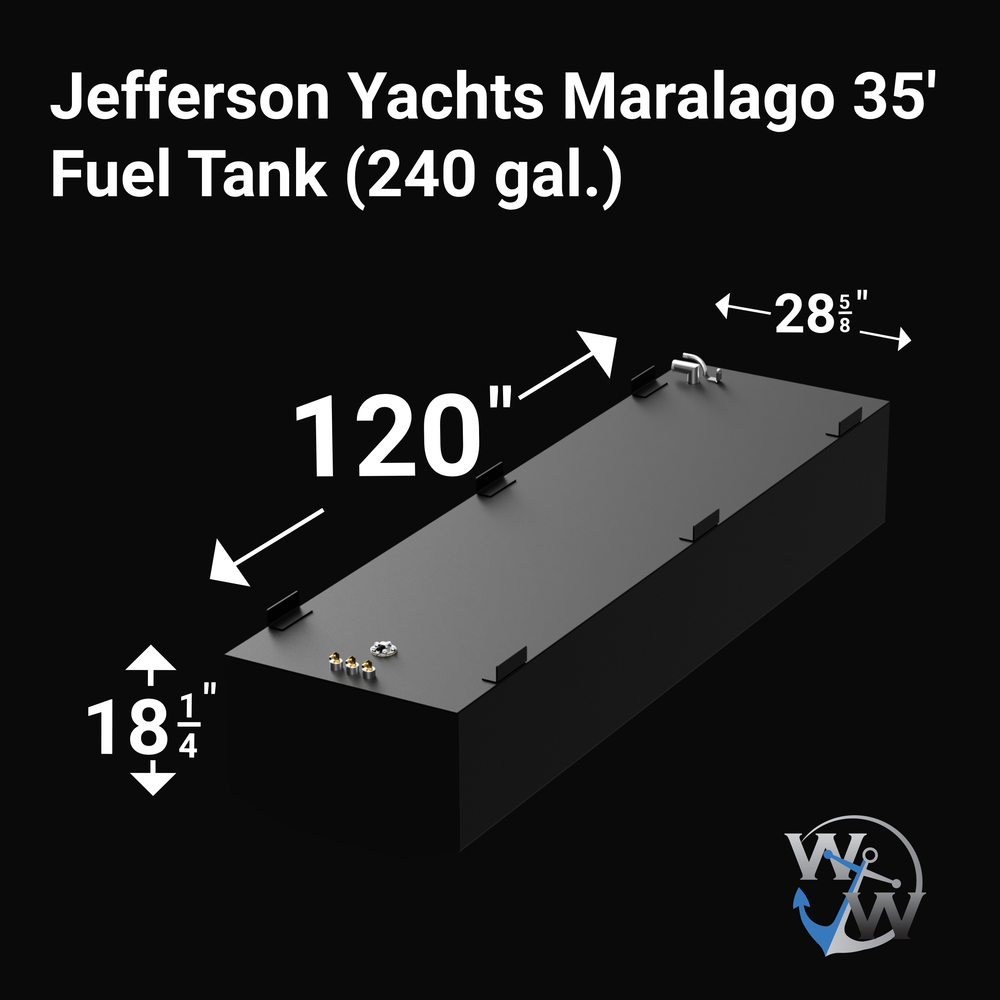 Isometric front-left view of a black 240-gallon marine fuel tank designed for the Jefferson Yachts Maralago 35'. Dimensions are labeled: 120 inches in length, 28 5/8 inches in width, and 18 1/4 inches in height. The tank features multiple top-mounted fittings including three brass ports, a fuel sender unit, and an aluminum vent assembly. The Welding World logo appears in the bottom-right corner.
