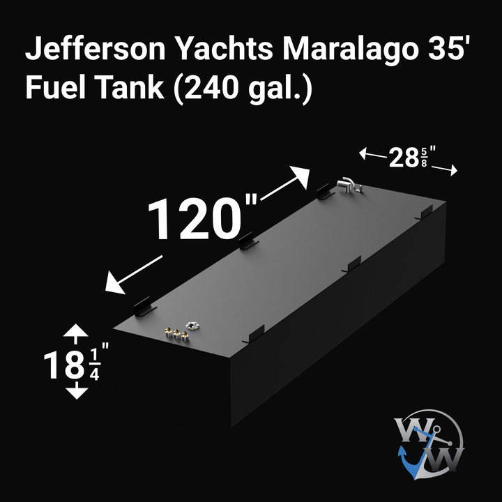 Isometric front-left view of a black 240-gallon marine fuel tank designed for the Jefferson Yachts Maralago 35'. Dimensions are labeled: 120 inches in length, 28 5/8 inches in width, and 18 1/4 inches in height. The tank features multiple top-mounted fittings including three brass ports, a fuel sender unit, and an aluminum vent assembly. The Welding World logo appears in the bottom-right corner.