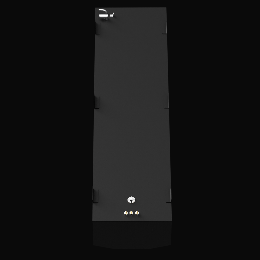 Top-down orthographic view of a black 240-gallon Jefferson Yachts Maralago 35' fuel tank. The tank has symmetrical mounting tabs along the sides. On one end, three brass fuel ports and a circular fuel sender unit are visible. The opposite end features two metallic vent fittings.