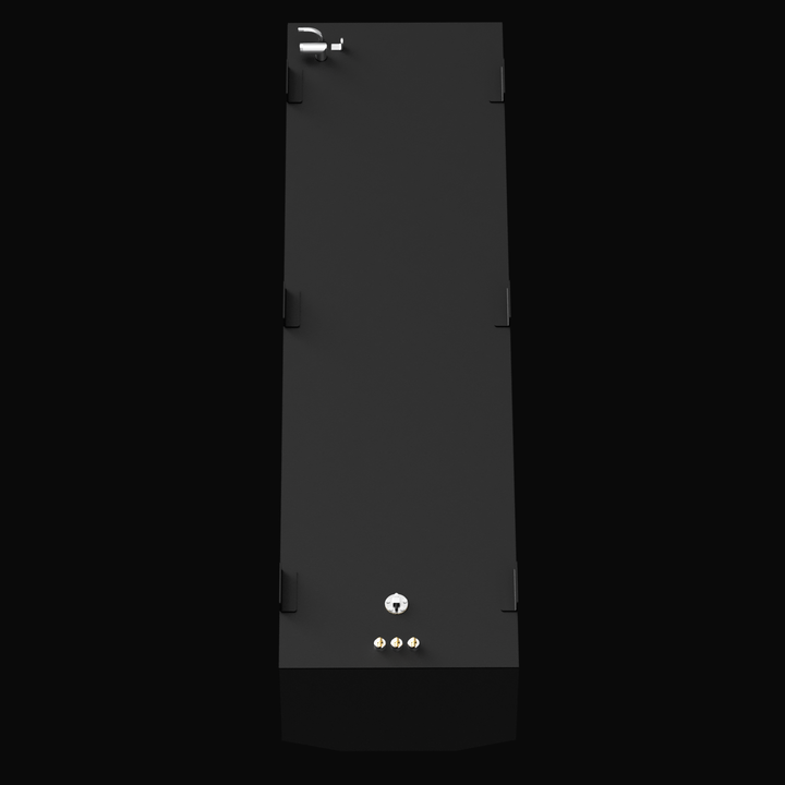 Top-down orthographic view of a black 240-gallon Jefferson Yachts Maralago 35' fuel tank. The tank has symmetrical mounting tabs along the sides. On one end, three brass fuel ports and a circular fuel sender unit are visible. The opposite end features two metallic vent fittings.