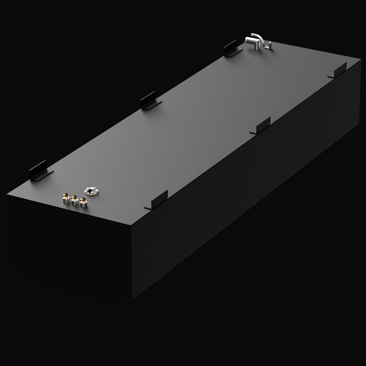 Perspective view of a black 240-gallon Jefferson Yachts Maralago 35' fuel tank. The tank has eight mounting tabs spaced along its edges. On the near-left end, there are three brass fittings and one circular fuel sender unit. On the far-right end, there are two metallic fuel vents or fill fittings angled upward.