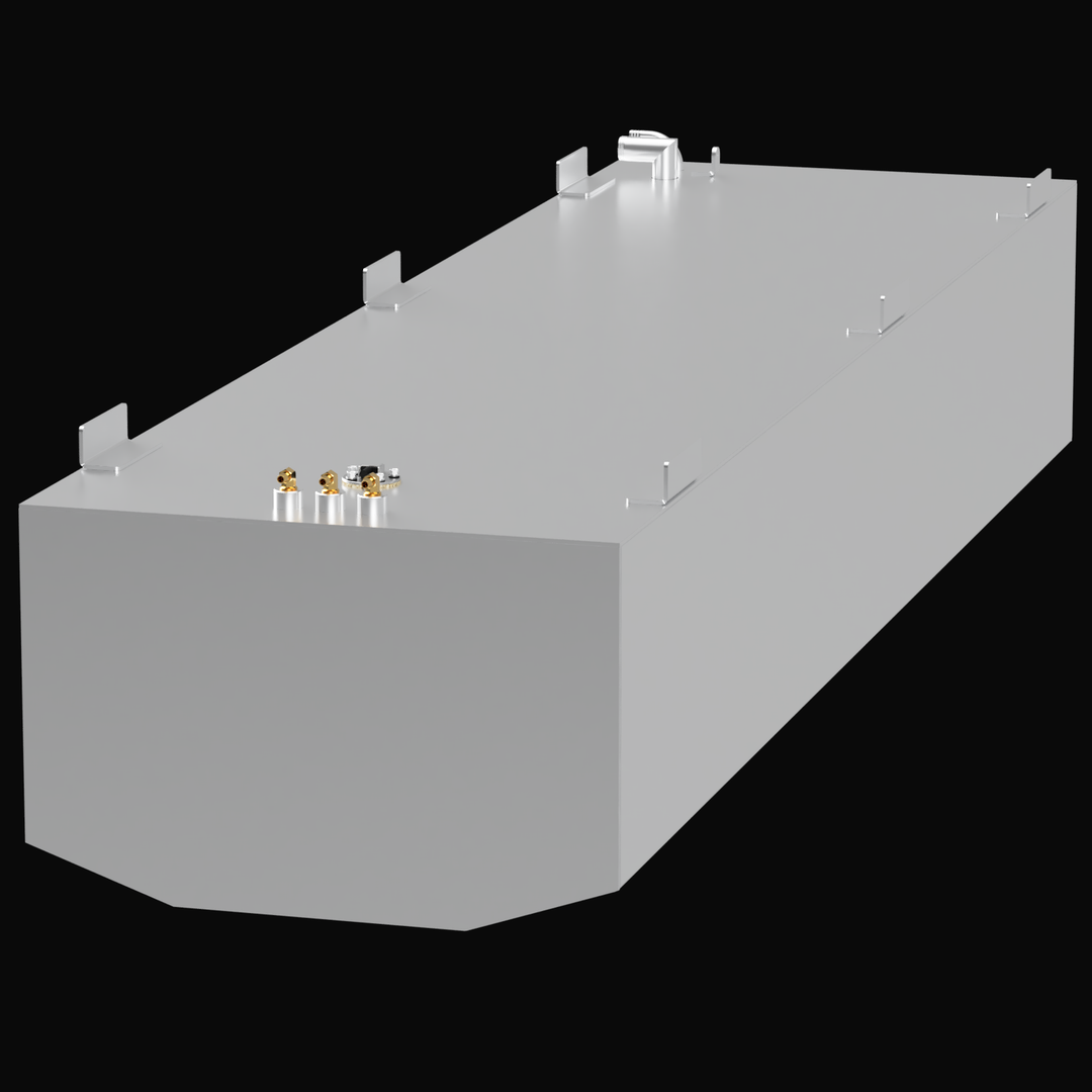 Perspective view of a silver-colored Jefferson Yachts Maralago 35' fuel tank with a 240-gallon capacity. The tank features multiple welded mounting tabs along both sides. At the near-left end, there are three brass fittings and one circular fuel sending unit. Toward the far-right end, there are two upward-facing metallic fill/vent ports.
