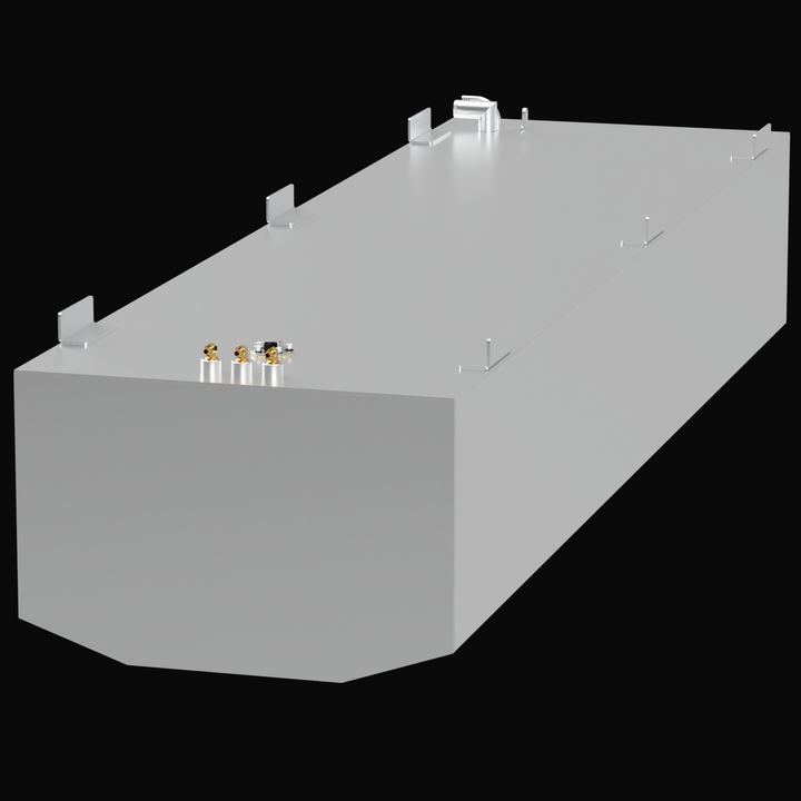 Perspective view of a silver-colored Jefferson Yachts Maralago 35' fuel tank with a 240-gallon capacity. The tank features multiple welded mounting tabs along both sides. At the near-left end, there are three brass fittings and one circular fuel sending unit. Toward the far-right end, there are two upward-facing metallic fill/vent ports.