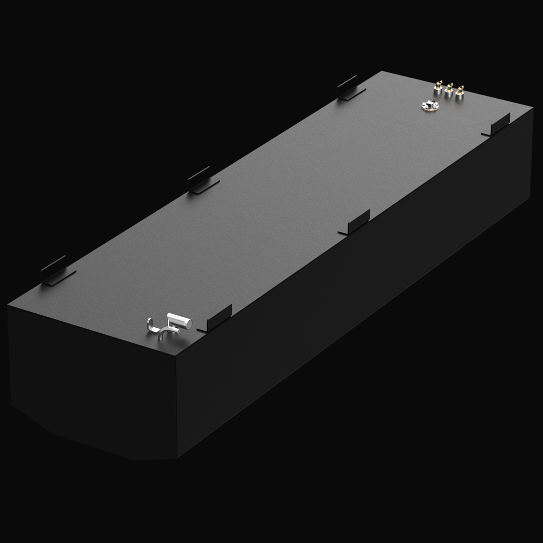 Isometric front-left view of a black 240-gallon marine fuel tank designed for the Jefferson Yachts Maralago 35'. The tank features a beveled front edge, multiple mounting tabs along the sides, and top-mounted fuel fittings including a set of brass ports, a sender unit, and a metallic vent assembly positioned near the rear-right corner.