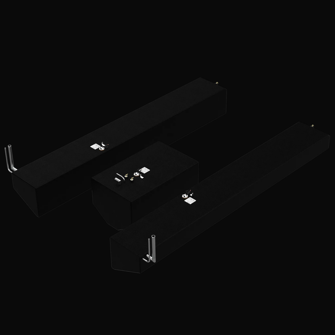 A full 3-tank OEM replacement kit for the Jupiter 31 (1989-2008), including the center, port, and starboard fuel tanks. Each tank is finished in a protective black Coal Tar Epoxy and features heavy-duty .190" or .250" marine-grade aluminum construction. The image showcases the precision-welded fittings, integrated fuel senders, and specialized hull-conforming tapered bottoms designed for a guaranteed 100% drop-in fit.