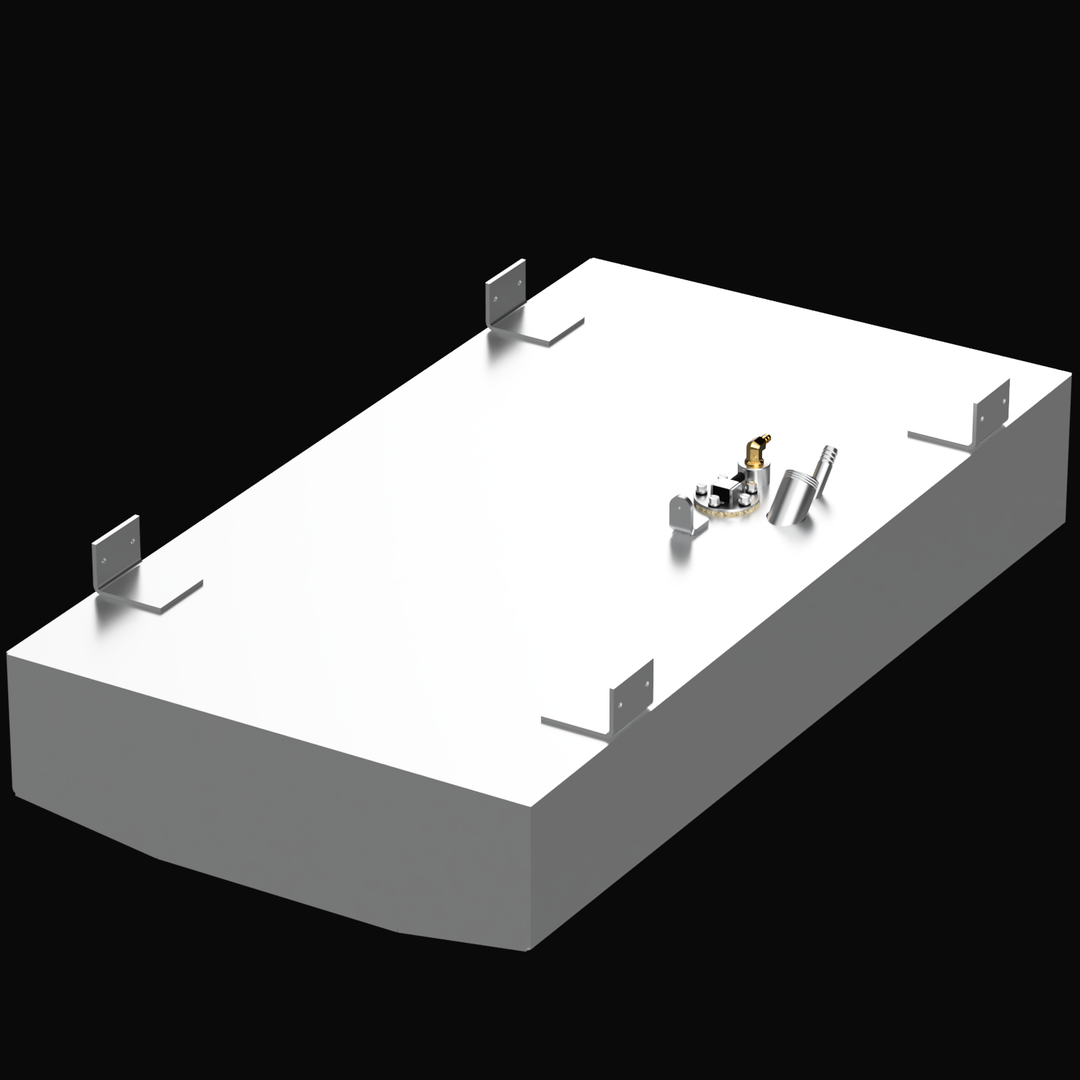 A 3D render of the Key Largo 15 31-gallon 2014 Built to OEM Specs fuel tank, showing the light grey tank with silver and brass fittings and four mounting brackets on its top surface, against a black background.
