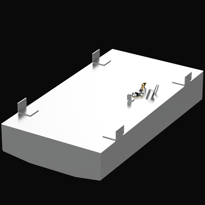 A 3D render of the Key Largo 15 31-gallon 2014 Built to OEM Specs fuel tank, showing the light grey tank with silver and brass fittings and four mounting brackets on its top surface, against a black background.