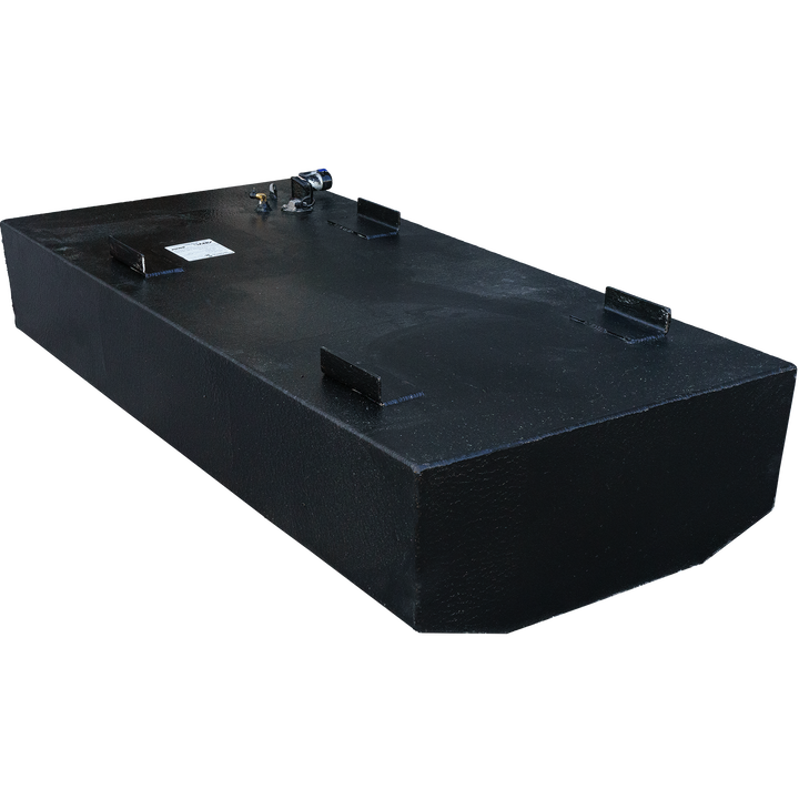 OEM replacement belly fuel tank for Key Largo boats, measuring 21 feet and holding 84 gallons, featuring a sleek black design with mounting brackets