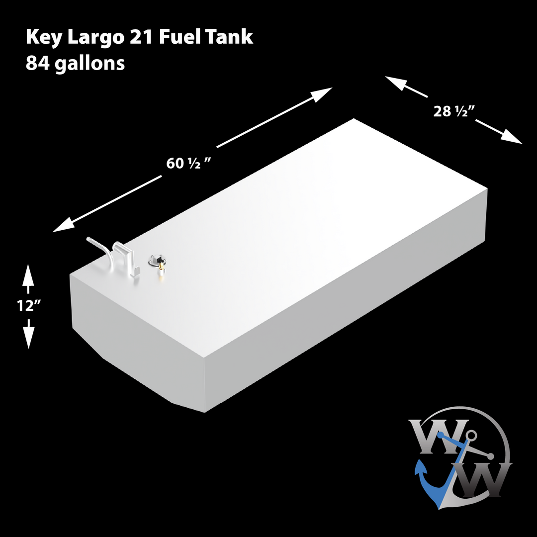 Diagram of a Key Largo 21' OEM replacement belly fuel tank, featuring a rectangular design with dimensions of 60.5 inches in length, 28 inches in width, and 12 inches in height, and a capacity of 84 gallons. The tank includes fuel fittings on one end