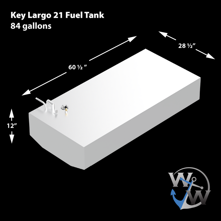 Diagram of a Key Largo 21' OEM replacement belly fuel tank, featuring a rectangular design with dimensions of 60.5 inches in length, 28 inches in width, and 12 inches in height, and a capacity of 84 gallons. The tank includes fuel fittings on one end