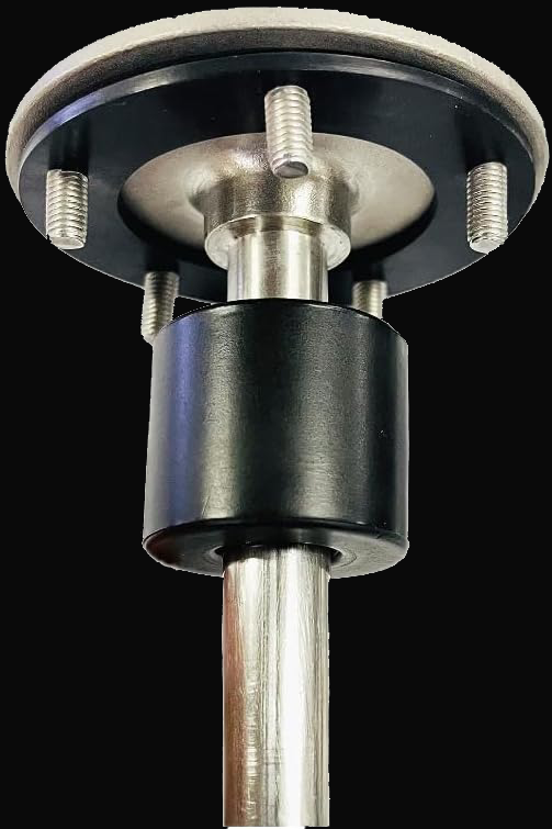 Close-up view of an SSS/SSL sender with a SAE 5 hole pattern mount, featuring a metallic top plate with threaded screws, a black cylindrical body, and a polished metal shaft. The background is black, highlighting the sender's design