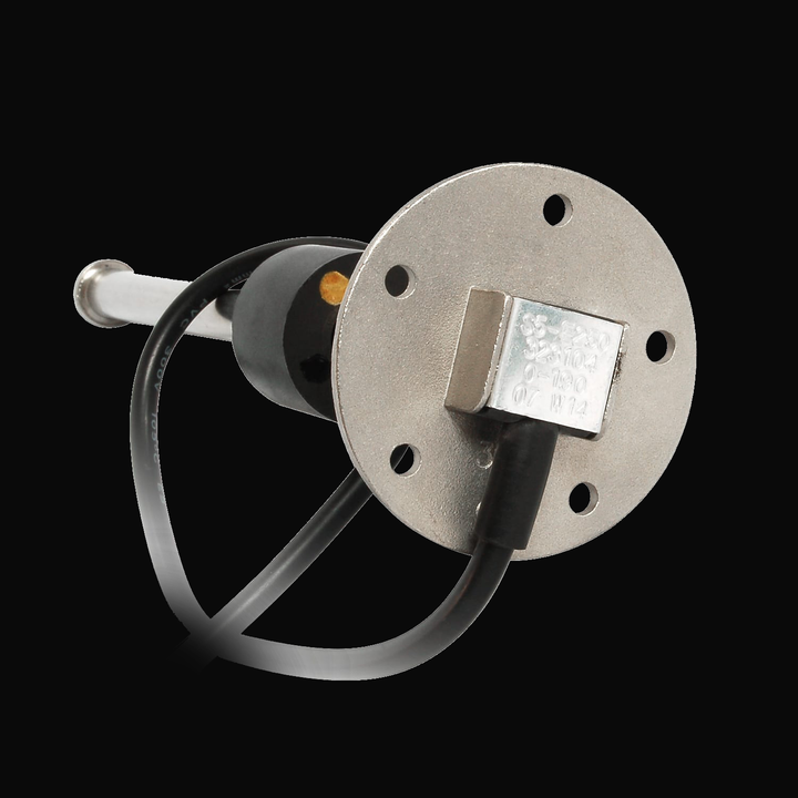 A close-up view of an SSS/SSL sender with a SAE 5 hole pattern mount. The sender features a circular metal base with five mounting holes, a cylindrical body, and a wire connected to it. The background is black, highlighting the sender's metallic and plastic components