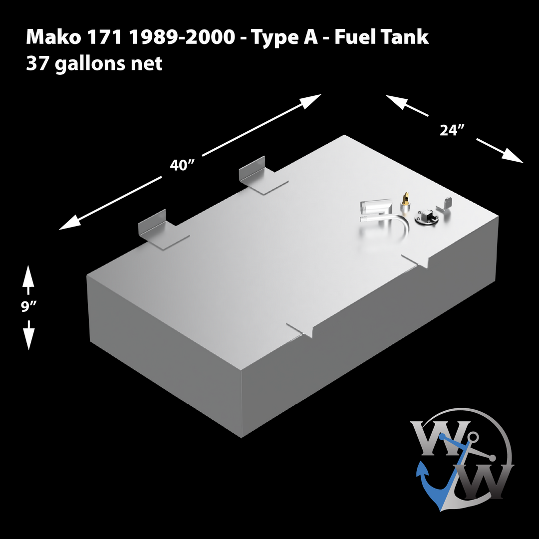 A 3D schematic of the Type A replacement fuel tank for a Mako 171 (1989-2000), shown against a black background. Text on the image identifies it as a 37-gallon net capacity tank. Dimension lines detail its measurements as 40 inches long, 24 inches wide, and 9 inches high. The silver-colored schematic features four mounting tabs on its top edges and a dense cluster of fuel fittings grouped in one corner. The 'WW' anchor logo for Welding World is in the bottom right