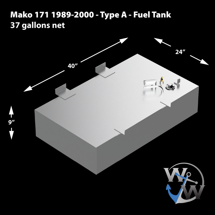 A 3D schematic of the Type A replacement fuel tank for a Mako 171 (1989-2000), shown against a black background. Text on the image identifies it as a 37-gallon net capacity tank. Dimension lines detail its measurements as 40 inches long, 24 inches wide, and 9 inches high. The silver-colored schematic features four mounting tabs on its top edges and a dense cluster of fuel fittings grouped in one corner. The 'WW' anchor logo for Welding World is in the bottom right