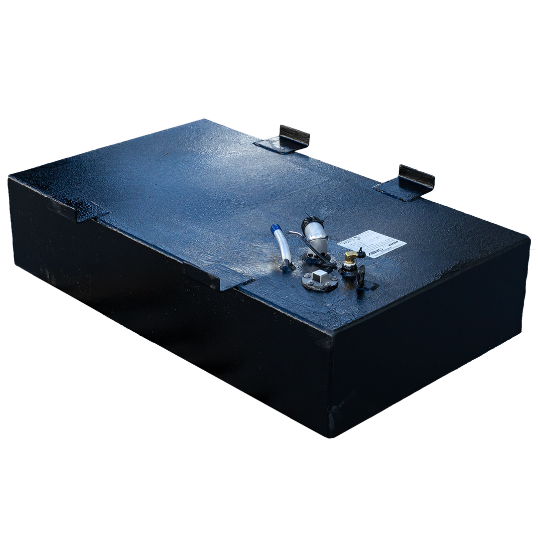 A compact, black boat fuel tank with a heavy, textured coating, viewed from a high three-quarter angle against a checkered background. The tank features a large, integrated mounting flange extending from the top of its long side, in addition to smaller mounting tabs. A dense cluster of fittings on the top surface includes a fuel sending unit, a valve with a white handle, a curved white vent pipe, and a brass fitting