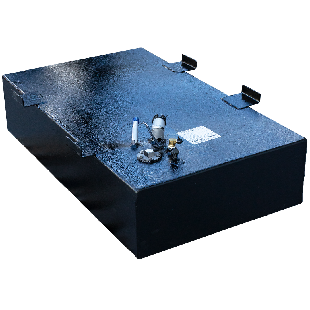 A compact, black boat fuel tank with a heavy, textured coating, viewed from a high three-quarter angle against a checkered background. The tank features a large, integrated mounting flange extending from its top side edge, as well as smaller L-shaped mounting brackets. A dense cluster of fittings, including a sending unit, valve, and a straight white vent pipe, is grouped on the top surface