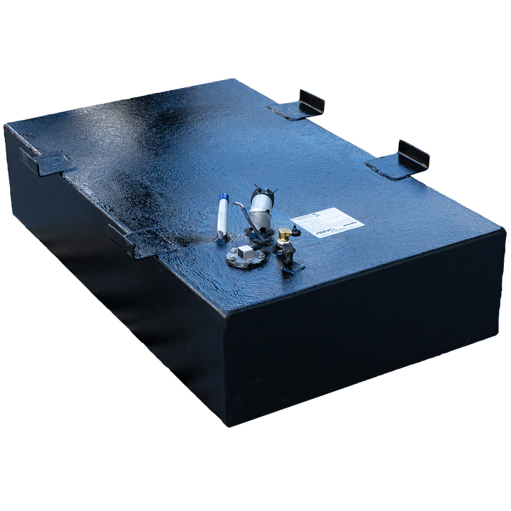 A compact, black boat fuel tank with a heavy, textured coating, viewed from a high three-quarter angle against a checkered background. The tank features a large, integrated mounting flange extending from its top side edge, as well as smaller L-shaped mounting brackets. A dense cluster of fittings, including a sending unit, valve, and a straight white vent pipe, is grouped on the top surface