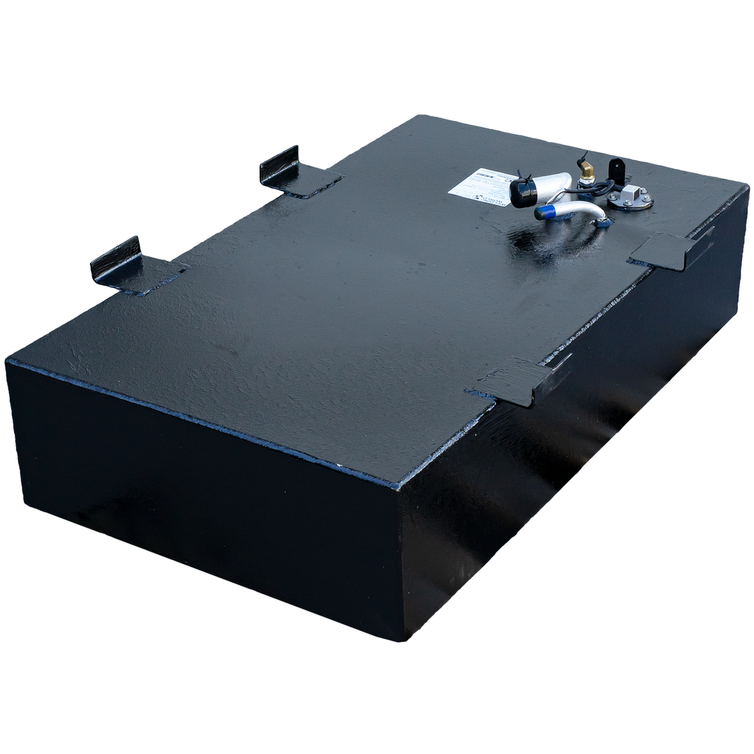 A compact, black-coated boat fuel tank with angled front bottom corners, shown from a high three-quarter view against a checkered background. Four black mounting tabs are welded to the top edges of the tank. The top surface features a dense cluster of components, including a fuel sending unit, a valve with a white handle, a curved white vent pipe, and a manufacturer's label