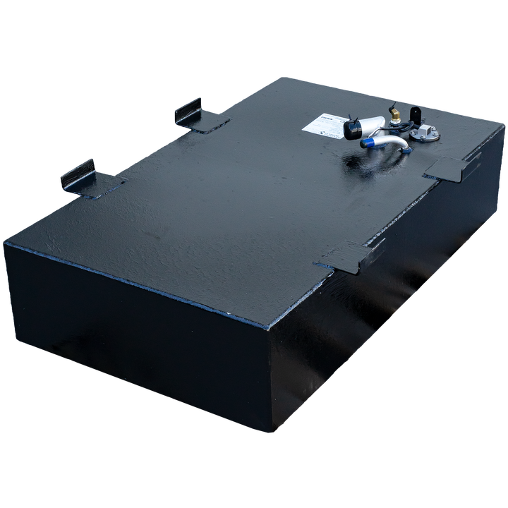 A compact, black-coated boat fuel tank with angled front bottom corners, shown from a high three-quarter view against a checkered background. Four black mounting tabs are welded to the top edges of the tank. The top surface features a dense cluster of components, including a fuel sending unit, a valve with a white handle, a curved white vent pipe, and a manufacturer's label