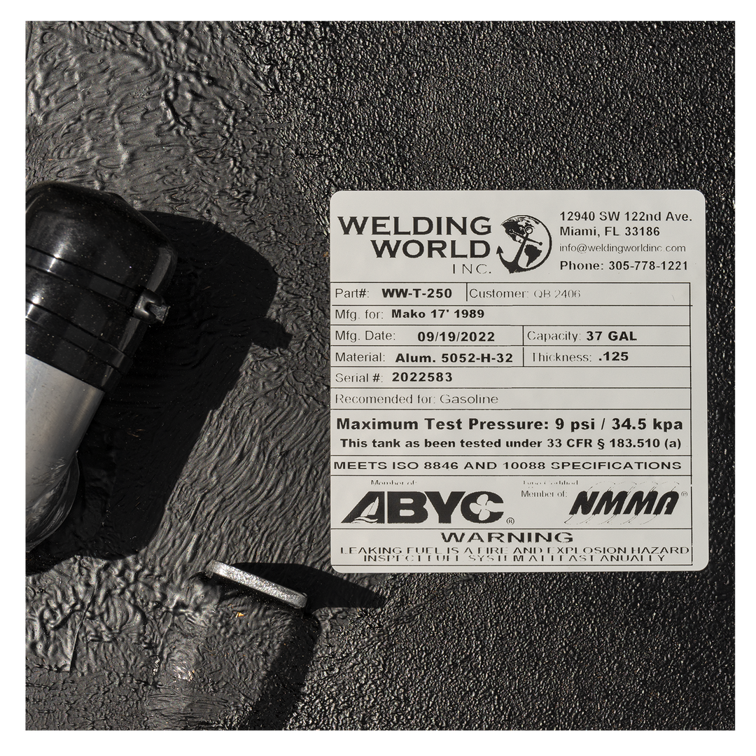 A labal fo a Mako 171 1989-2000 Type-B, 37-gallon OEM replacement fuel tank, designed for durability and compatibility with Mako boats, featuring high-grade construction