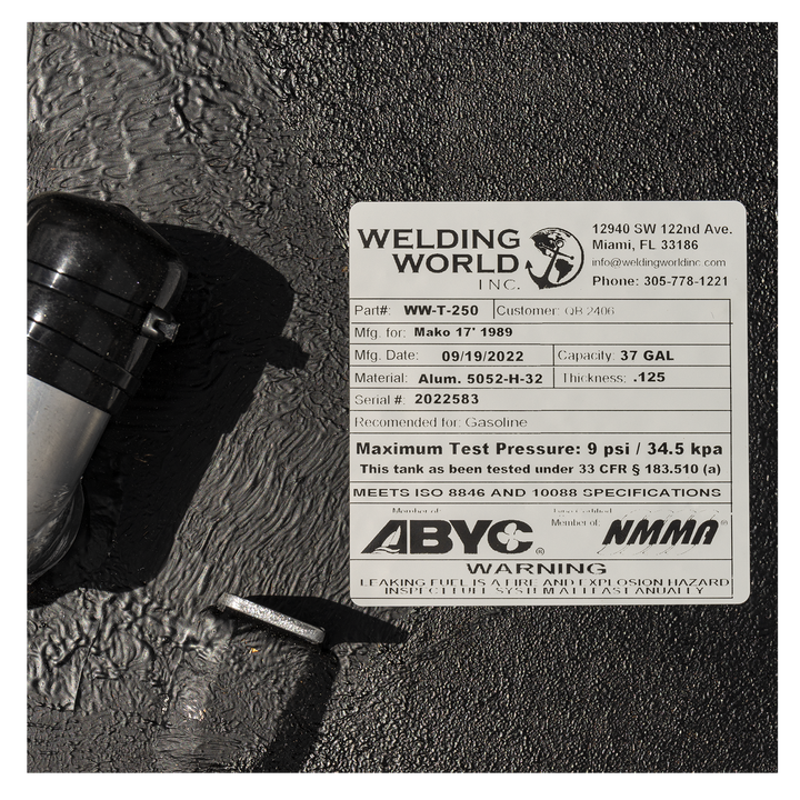 A labal fo a Mako 171 1989-2000 Type-B, 37-gallon OEM replacement fuel tank, designed for durability and compatibility with Mako boats, featuring high-grade construction