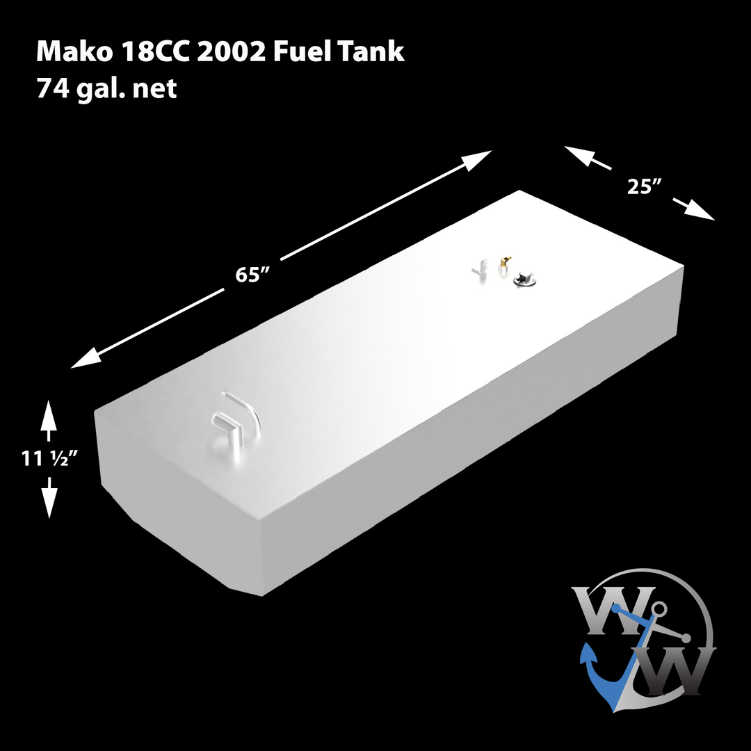 A 3D schematic of a replacement fuel tank for a Mako 18CC 2002, shown against a black background. Text on the diagram identifies it as a 74-gallon net capacity tank. Dimension lines with arrows indicate its measurements as 65 inches long, 25 inches wide, and 11 ½ inches high. The silver, aluminum-finish tank has a rounded front end and features three fittings on its top surface. The Welding World 'WW' anchor logo is in the bottom right corner