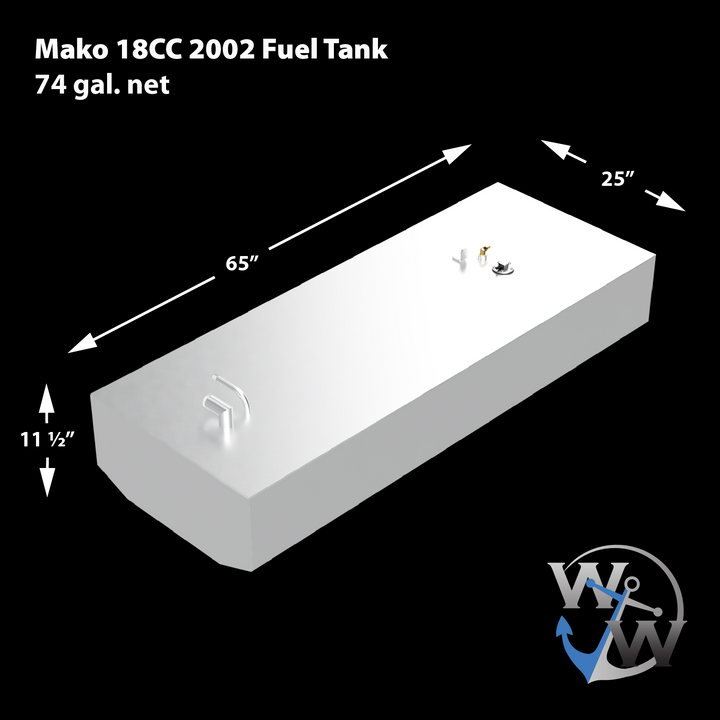 A 3D schematic of a replacement fuel tank for a Mako 18CC 2002, shown against a black background. Text on the diagram identifies it as a 74-gallon net capacity tank. Dimension lines with arrows indicate its measurements as 65 inches long, 25 inches wide, and 11 ½ inches high. The silver, aluminum-finish tank has a rounded front end and features three fittings on its top surface. The Welding World 'WW' anchor logo is in the bottom right corner