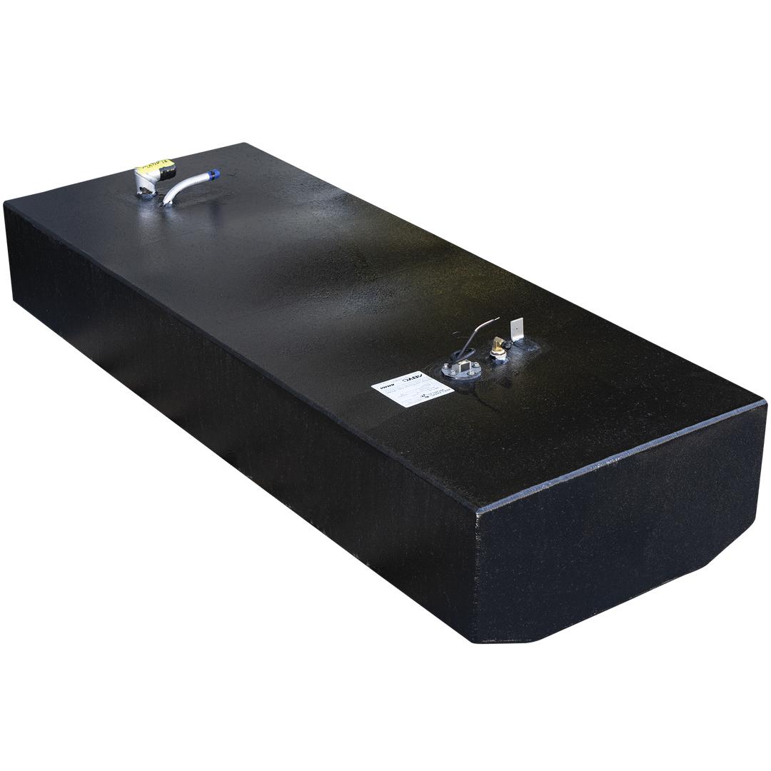 A rectangular boat fuel tank with a textured black coating, viewed from a high three-quarter angle against a checkered background. The tank's flat top surface has a fuel sending unit with two fittings and a wire next to a white label at one end. At the opposite end, another fuel fitting is visible with a yellow cap and an attached white tube