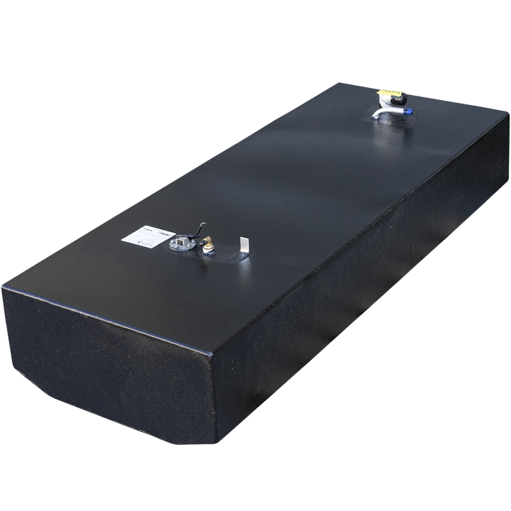 A boat fuel tank with a smooth black coating and a rounded front end, shown from a high three-quarter angle against a checkered background. The tank's top surface features a fuel sending unit assembly next to a white label, a small vertical metal bracket, and a separate fuel fitting with a yellow cap located toward the rear of the tank
