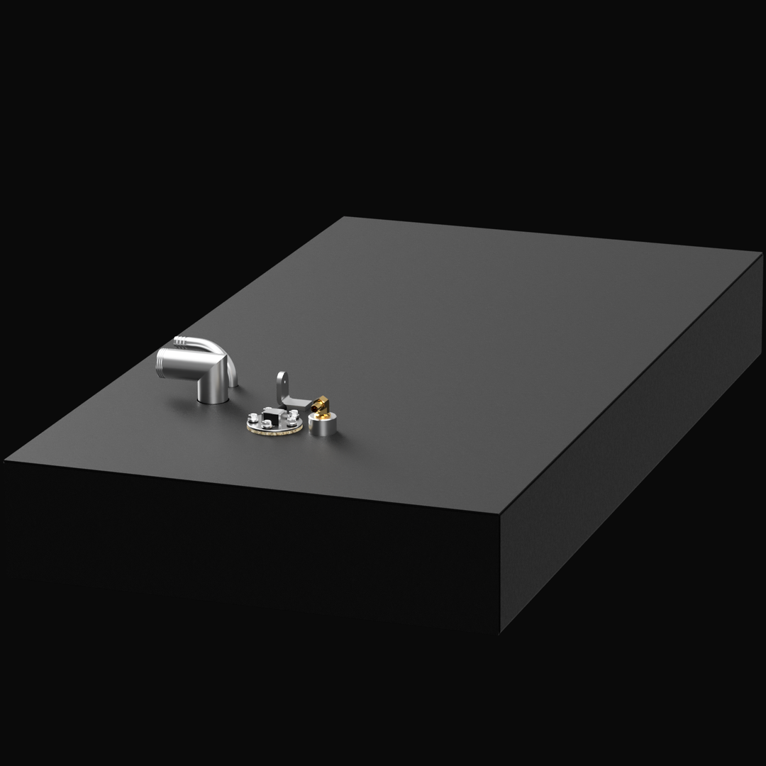 A 3D model of a Mako 19 boat fuel tank from 1971, with a capacity of 28 gallons and a thickness of 0.125 inches. The tank is rectangular, black, and features metal fittings and pipes on the top surface, set against a black background