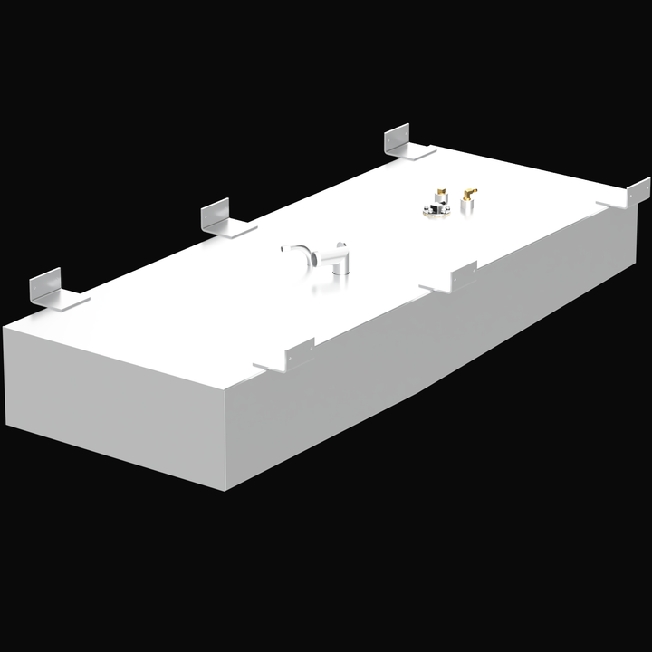 A 3D render of the Mako 19 59-gallon 1994 Built to OEM Specs fuel tank, showing the long, white, rectangular tank with silver and brass fittings and six mounting brackets on its top surface, against a black background.
