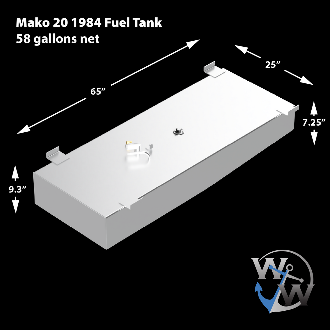 A light gray, rectangular Mako 20 1984 Fuel Tank with a capacity of 58 gallons net. The tank dimensions are 65" L x 25" W x 9.3" H (one side tapering to 7.25" H). It features several mounting brackets, a curved pipe, and a circular opening on its top surface