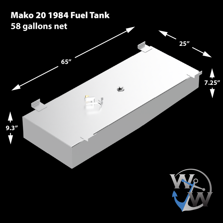A light gray, rectangular Mako 20 1984 Fuel Tank with a capacity of 58 gallons net. The tank dimensions are 65" L x 25" W x 9.3" H (one side tapering to 7.25" H). It features several mounting brackets, a curved pipe, and a circular opening on its top surface