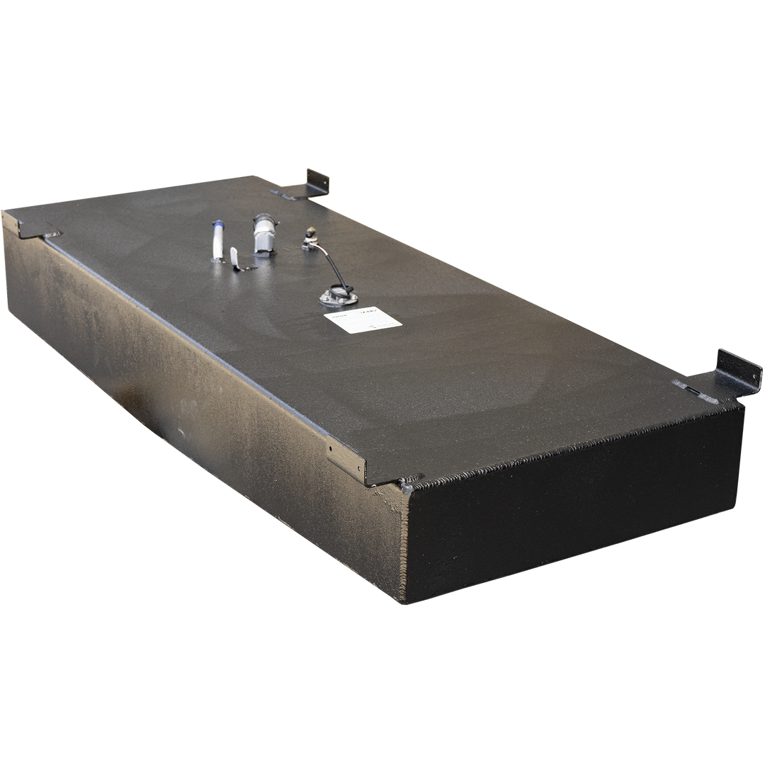 A black, rectangular boat fuel tank with a textured surface, shown on a checkered background. It has several mounting brackets along its perimeter. Various fittings and ports are visible on the top surface, including a white and blue hose connection, two small metal posts, a circular gauge with wires, and a small white label