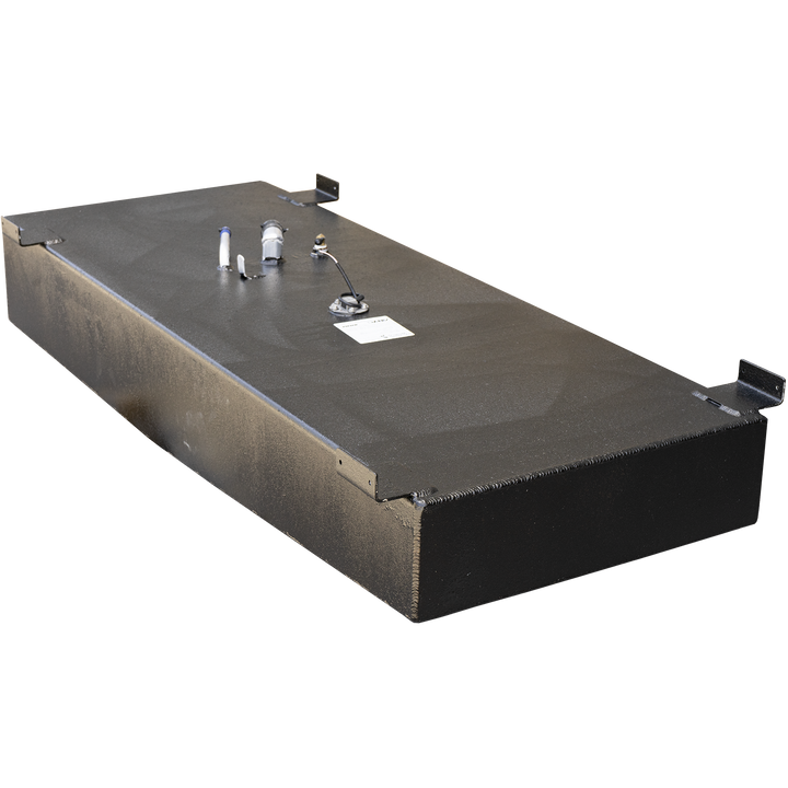 A black, rectangular boat fuel tank with a textured surface, shown on a checkered background. It has several mounting brackets along its perimeter. Various fittings and ports are visible on the top surface, including a white and blue hose connection, two small metal posts, a circular gauge with wires, and a small white label