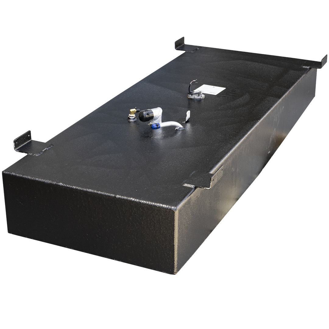 A black, textured OEM replacement fuel tank for a Mako 20' 1984 model, with a 58-gallon net capacity. The tank is rectangular and features several mounting brackets along its perimeter. Various fittings and ports, including a white and blue hose connection, are visible on its top surface