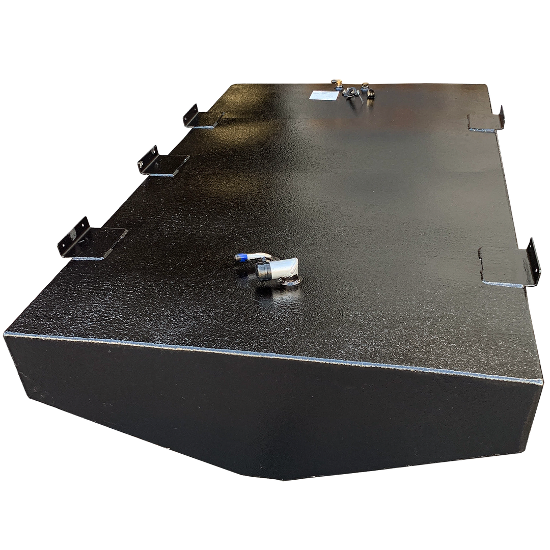 OEM replacement belly fuel tank for Mako 21' boat, featuring a 125-gallon capacity, with a sleek black finish and multiple mounting brackets