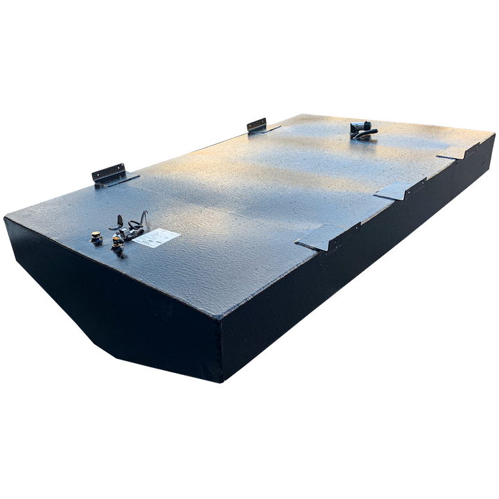 OEM replacement belly fuel tank for Mako 21' boat, featuring a 125-gallon capacity, with a sleek black finish and mounting brackets